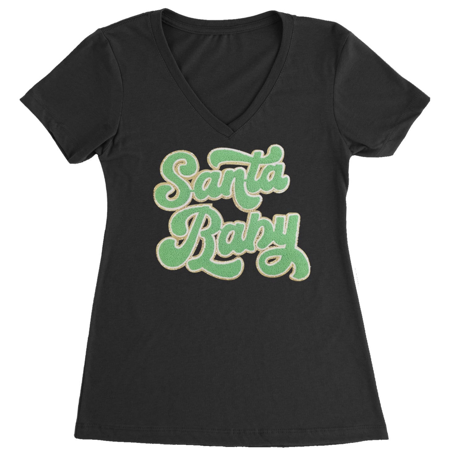 Green Santa Baby Chenille Patch Ladies V-Neck T-shirt Black
