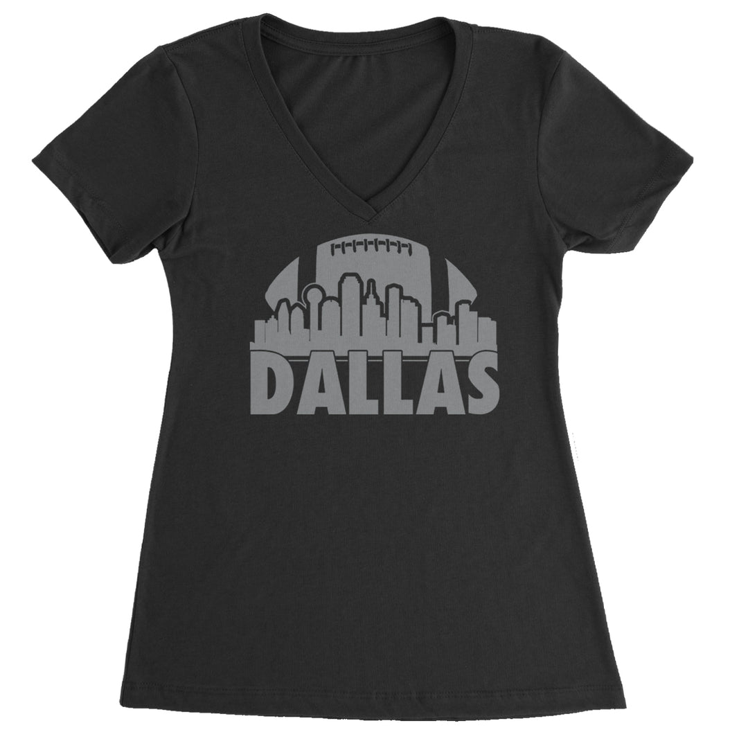 Dallas skyline silhouette with a football above bold DALLAS on a Women's Lightweight V-Neck T-Shirt