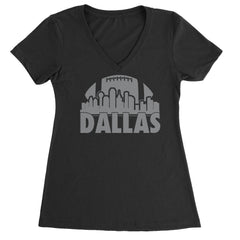 Dallas skyline silhouette with a football above bold DALLAS on a Women's Lightweight V-Neck T-Shirt