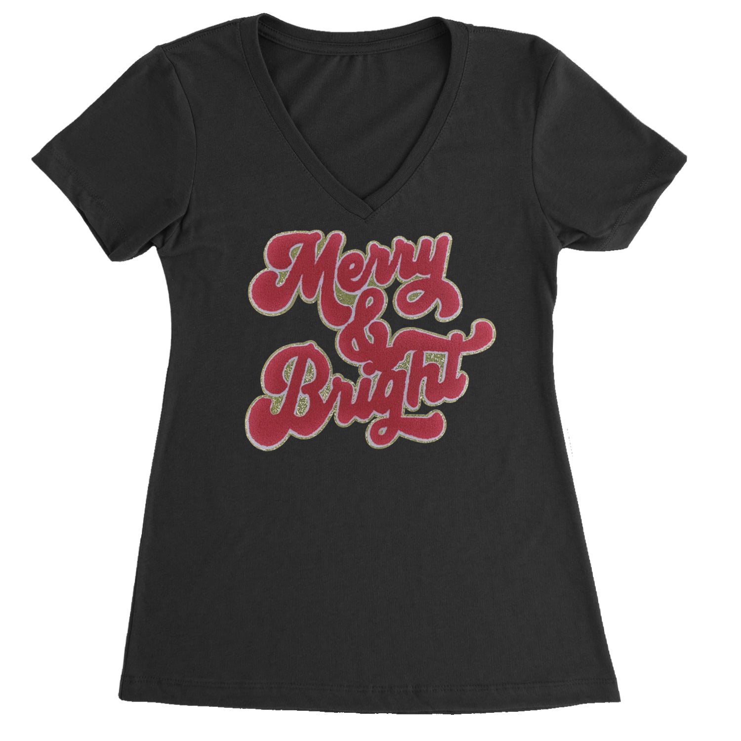 Merry & Bright Chenille Glitter Ladies V-Neck T-shirt Black