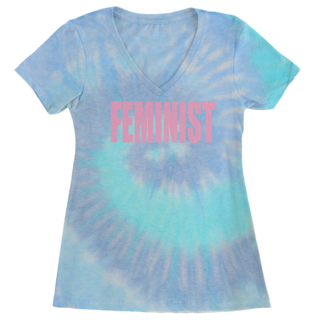 Feminist (Pink Print) Ladies V-Neck T-shirt Blue Clouds