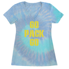 Go Pack Go Green Bay Ladies V-Neck T-shirt Blue Clouds
