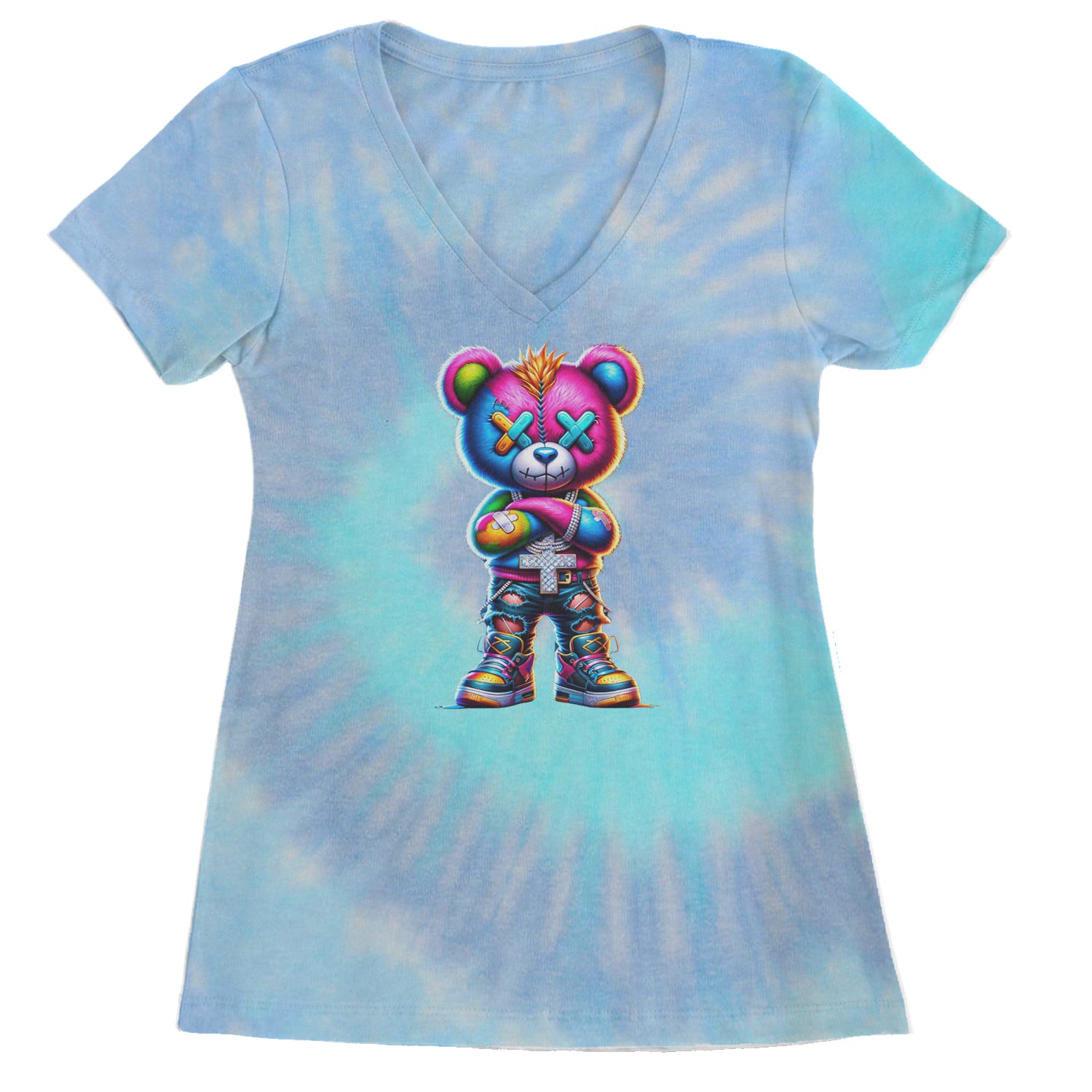 Stitched Neon Urban Graffiti Bear Ladies V-Neck T-shirt Blue Clouds