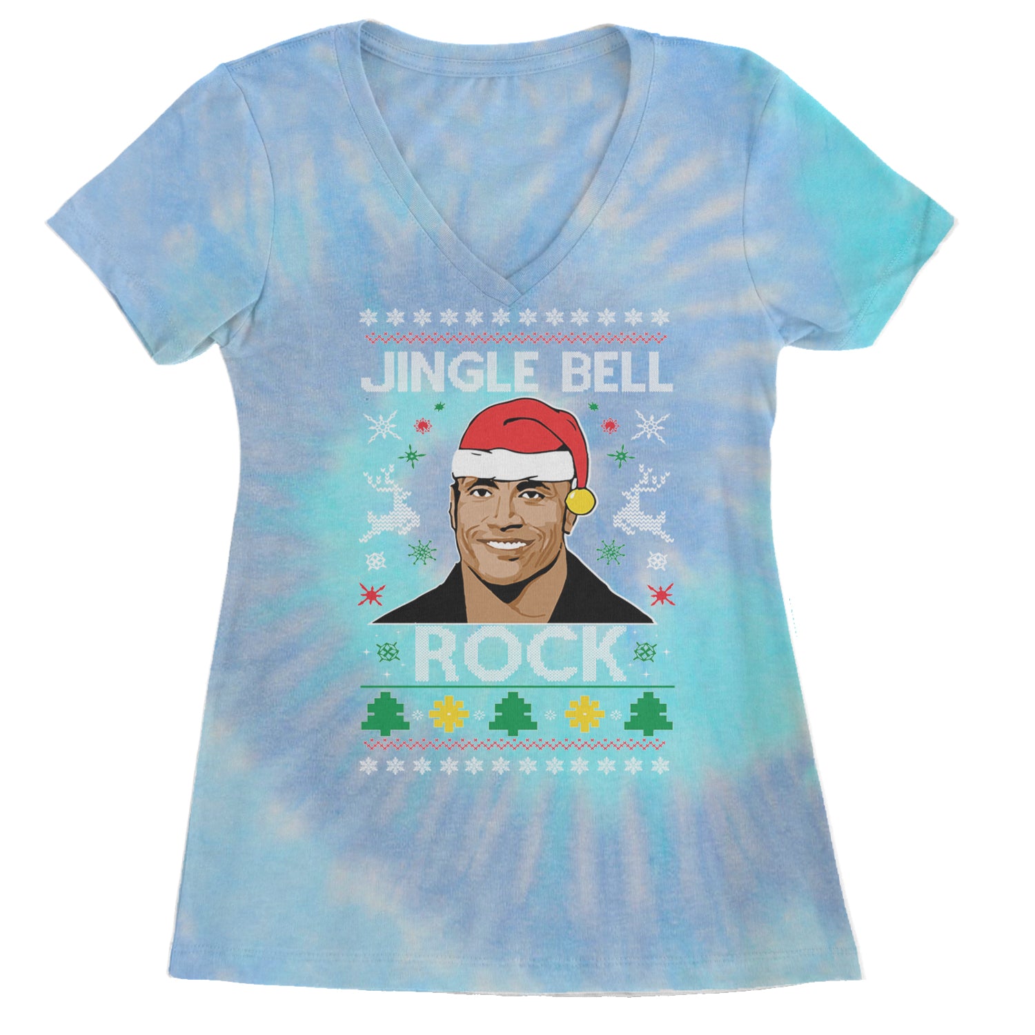 Jingle Bell Rock Ugly Christmas Ladies V-Neck T-shirt Blue Clouds