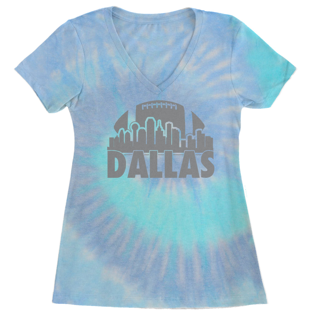 Dallas Texas Skyline Ladies V-Neck T-shirt Blue Clouds