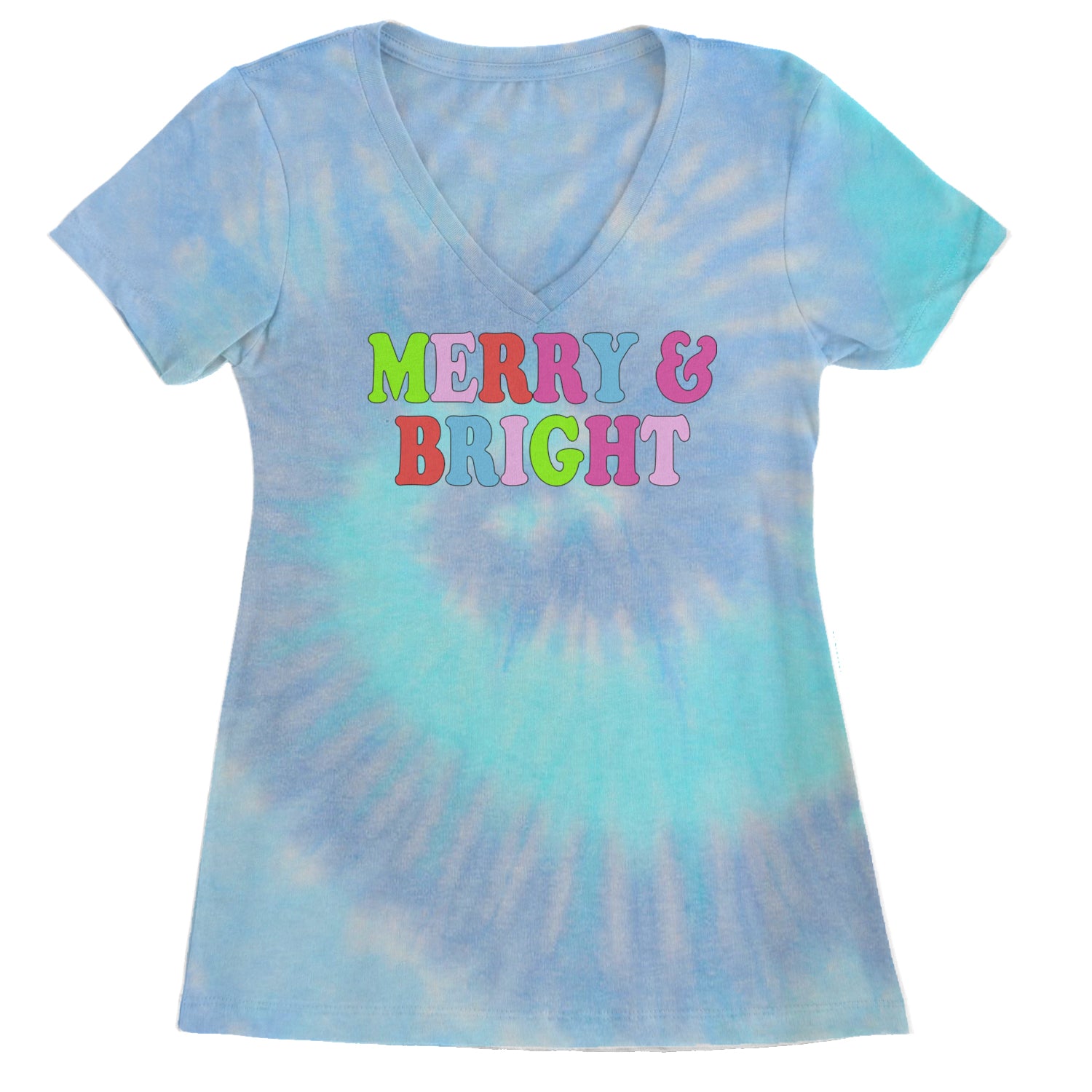 Merry and Bright Festive Christmas Holiday Ladies V-Neck T-shirt Blue Clouds