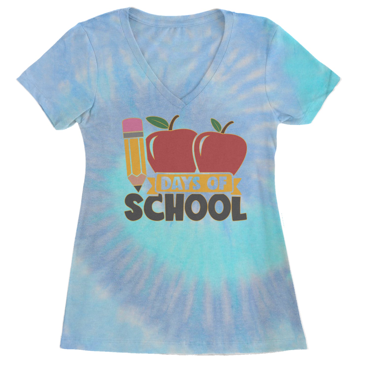 100 Days Of School Apple Pencil Ladies V-Neck T-shirt Blue Clouds