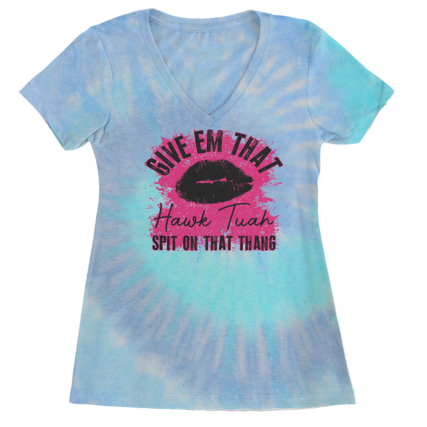 Give 'Em Hawk Tuah Spit On That Thang Ladies V-Neck T-shirt Blue Clouds