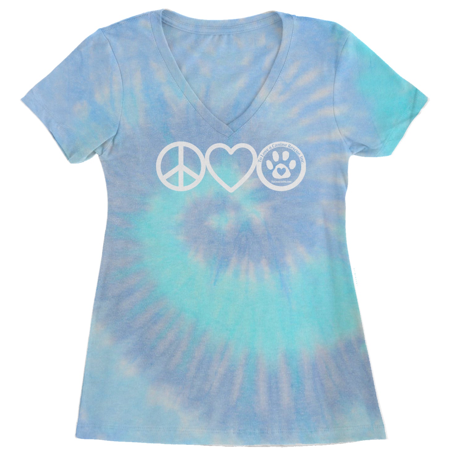 Peace, Love and TLC Dog Rescue Ladies V-Neck T-shirt Blue Clouds