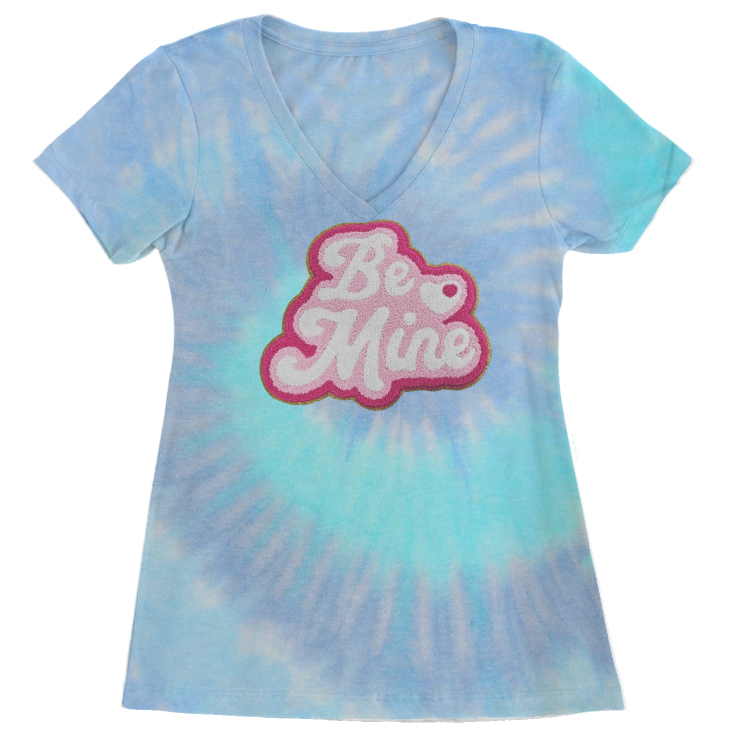 Be Mine Chenille Patch Valentines Days Ladies V-Neck T-shirt Blue Clouds