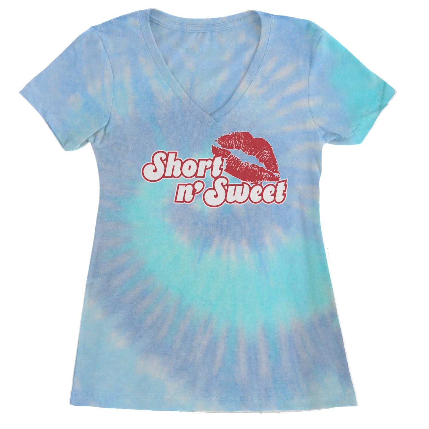 Short N' Sweet Red Lips Ladies V-Neck T-shirt Blue Clouds