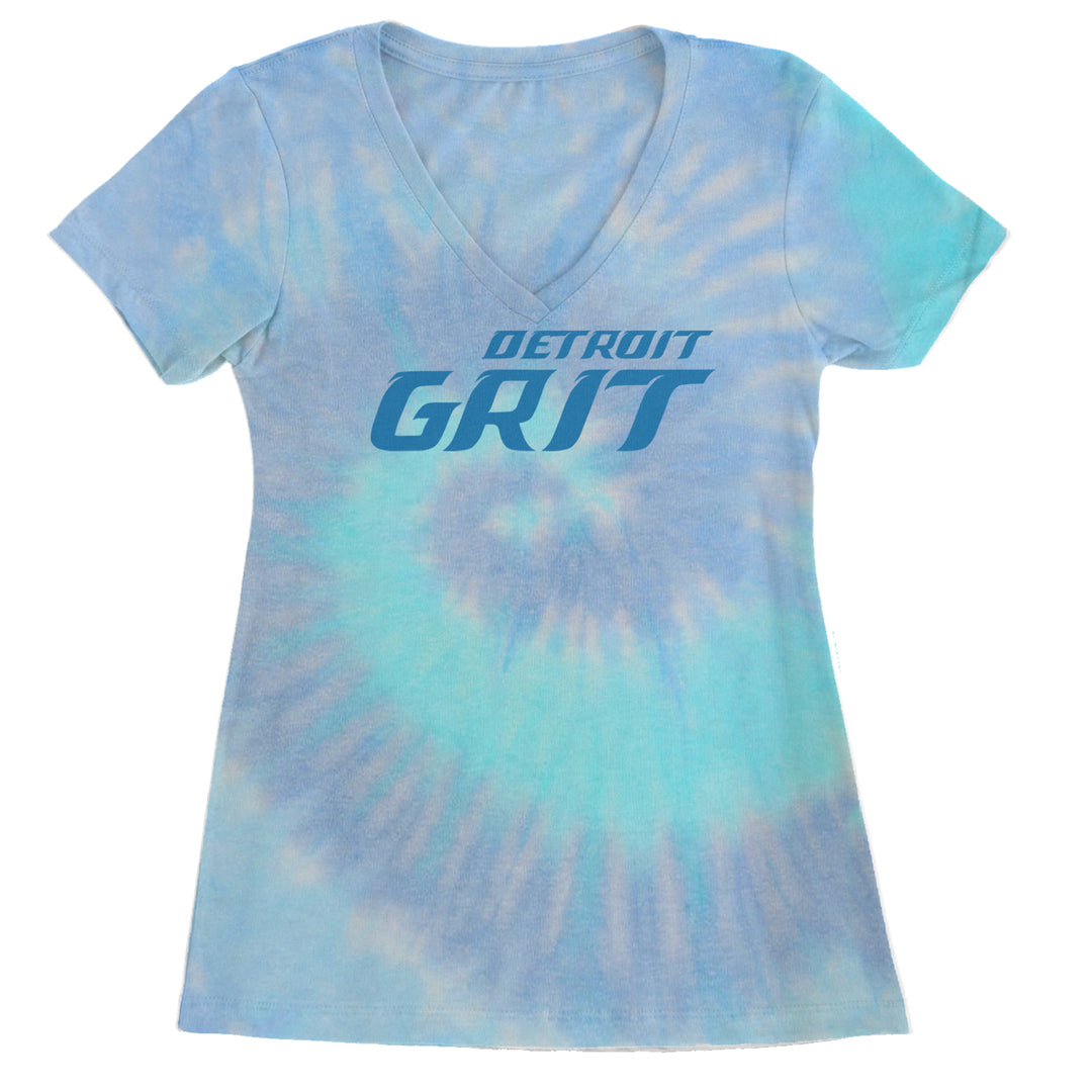 Grit Detroit Football Hard Knocks Ladies V-Neck T-shirt Blue Clouds
