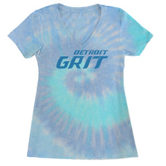 Grit Detroit Football Hard Knocks Ladies V-Neck T-shirt Blue Clouds