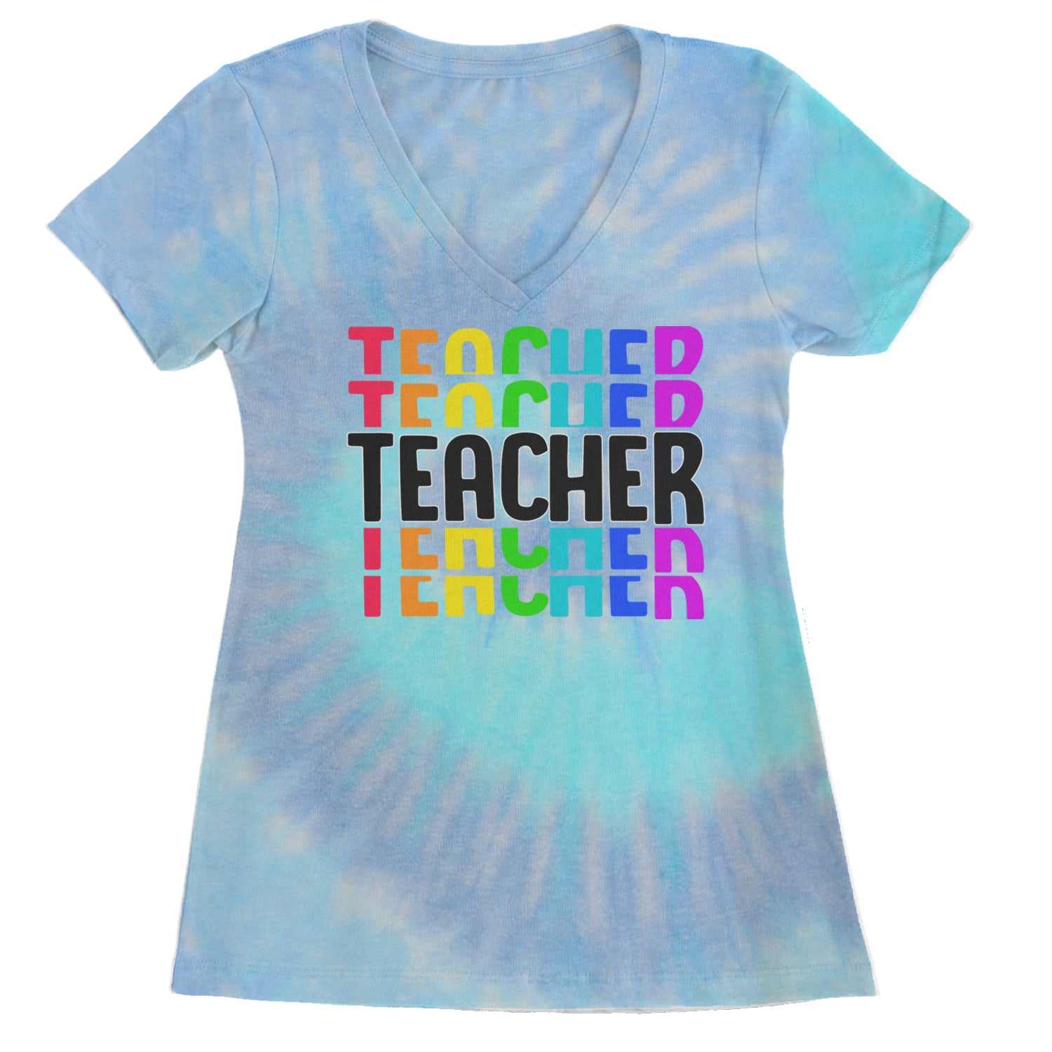 Teacher Repeated Rainbow Pattern Ladies V-Neck T-shirt Blue Clouds