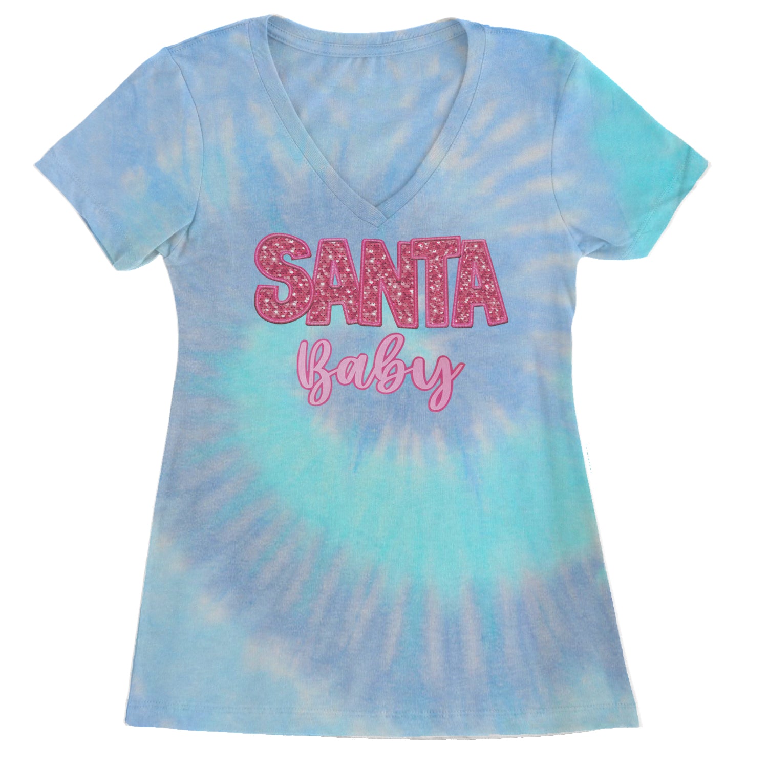 Santa Baby Faux Patch and Sequins Ladies V-Neck T-shirt Blue Clouds