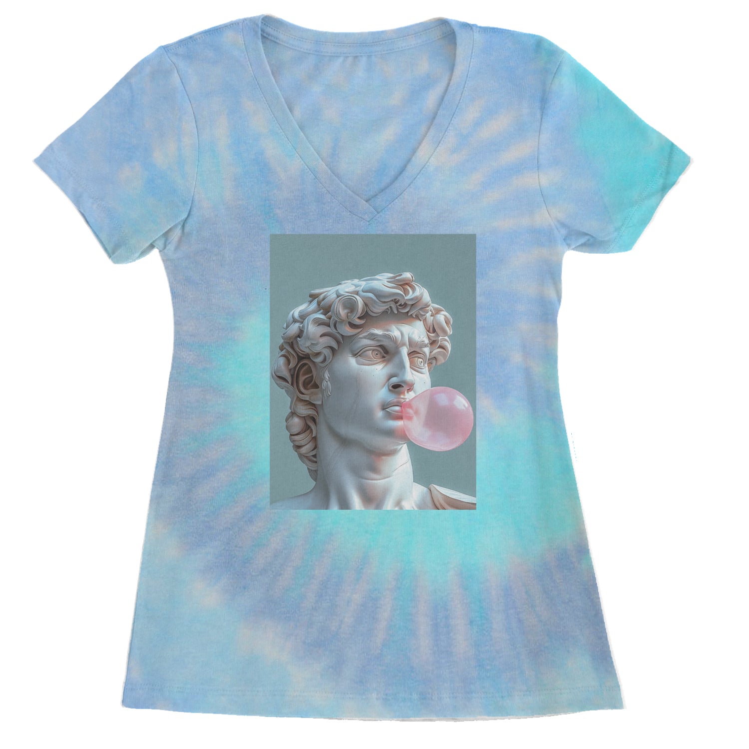 Michelangelo's David with Bubble Gum Contemporary Statue Art Ladies V-Neck T-shirt Blue Clouds