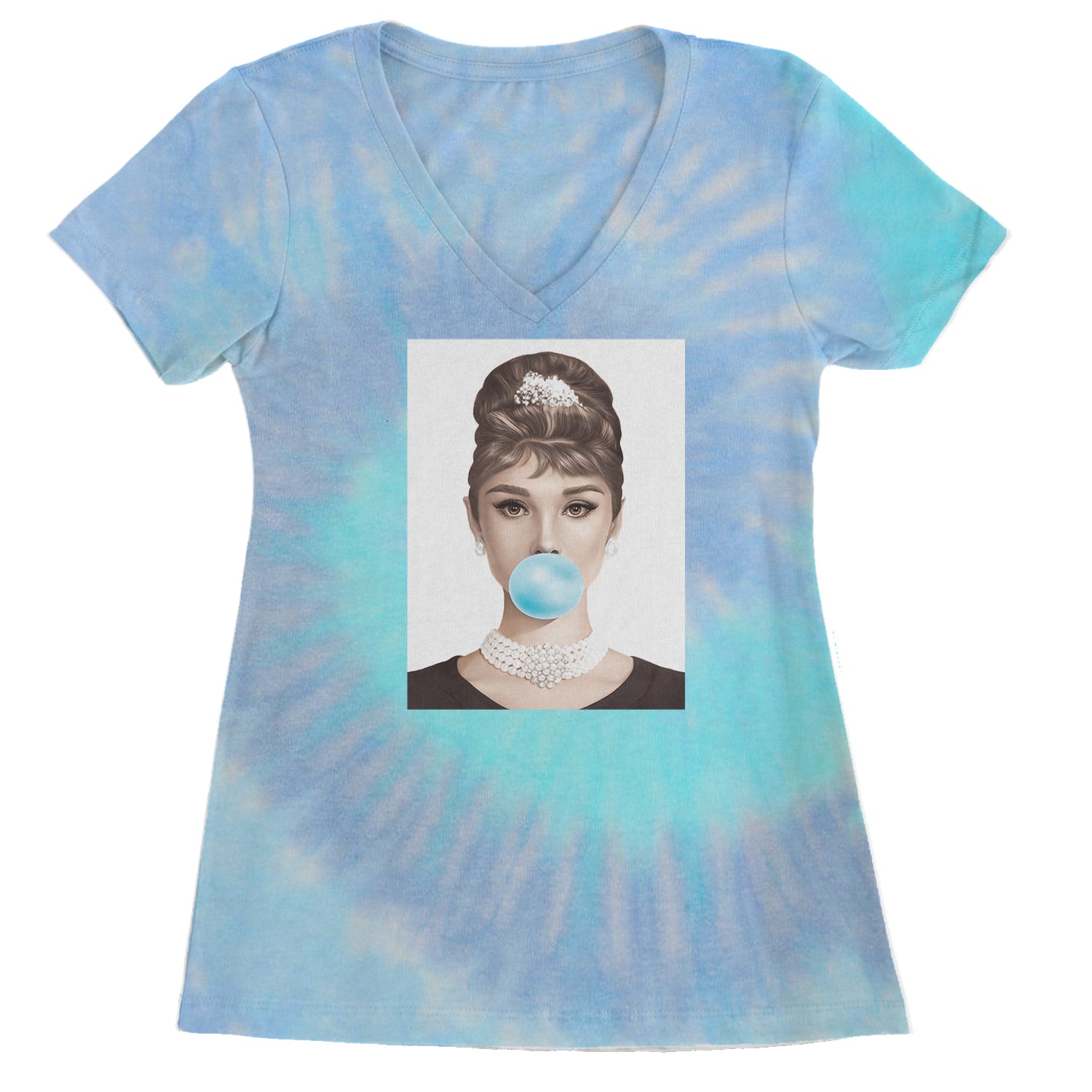 Audrey Hepburn Chewing Bubble Gum American Icon Ladies V-Neck T-shirt Blue Clouds