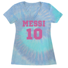Messi World Soccer Futbol Messiami Ladies V-Neck T-shirt Blue Clouds