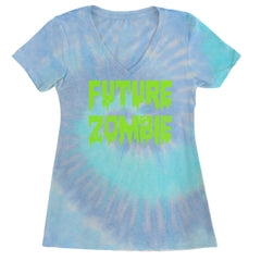Future Zombie Horror Ladies V-Neck T-shirt Blue Clouds