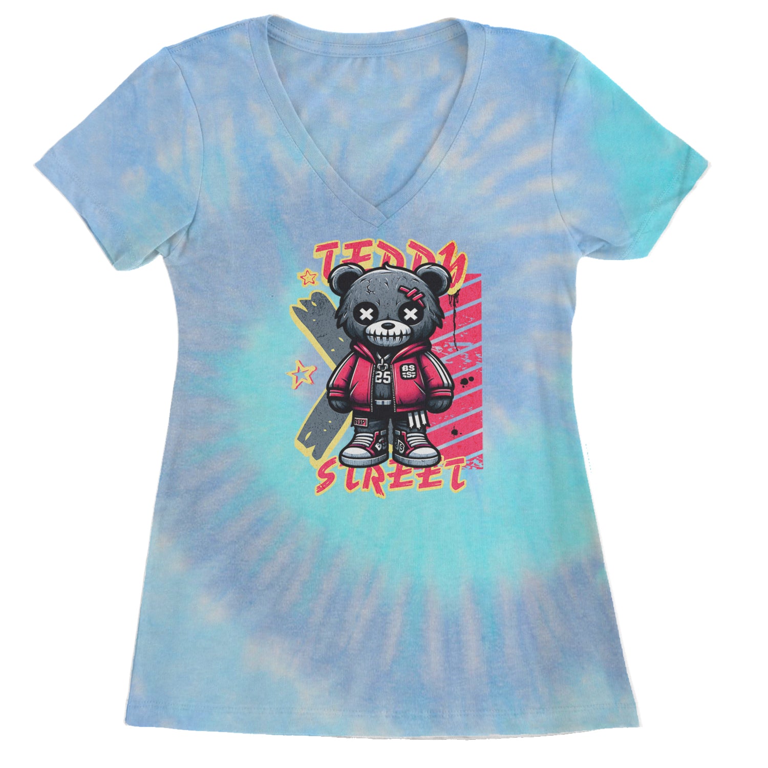 Teddy Attitude Urban Graffiti Bear Ladies V-Neck T-shirt Blue Clouds