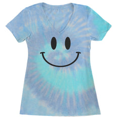 Bold yellow smile face with black eyes and curved grin on a Women's Lightweight V-Neck T-Shirt