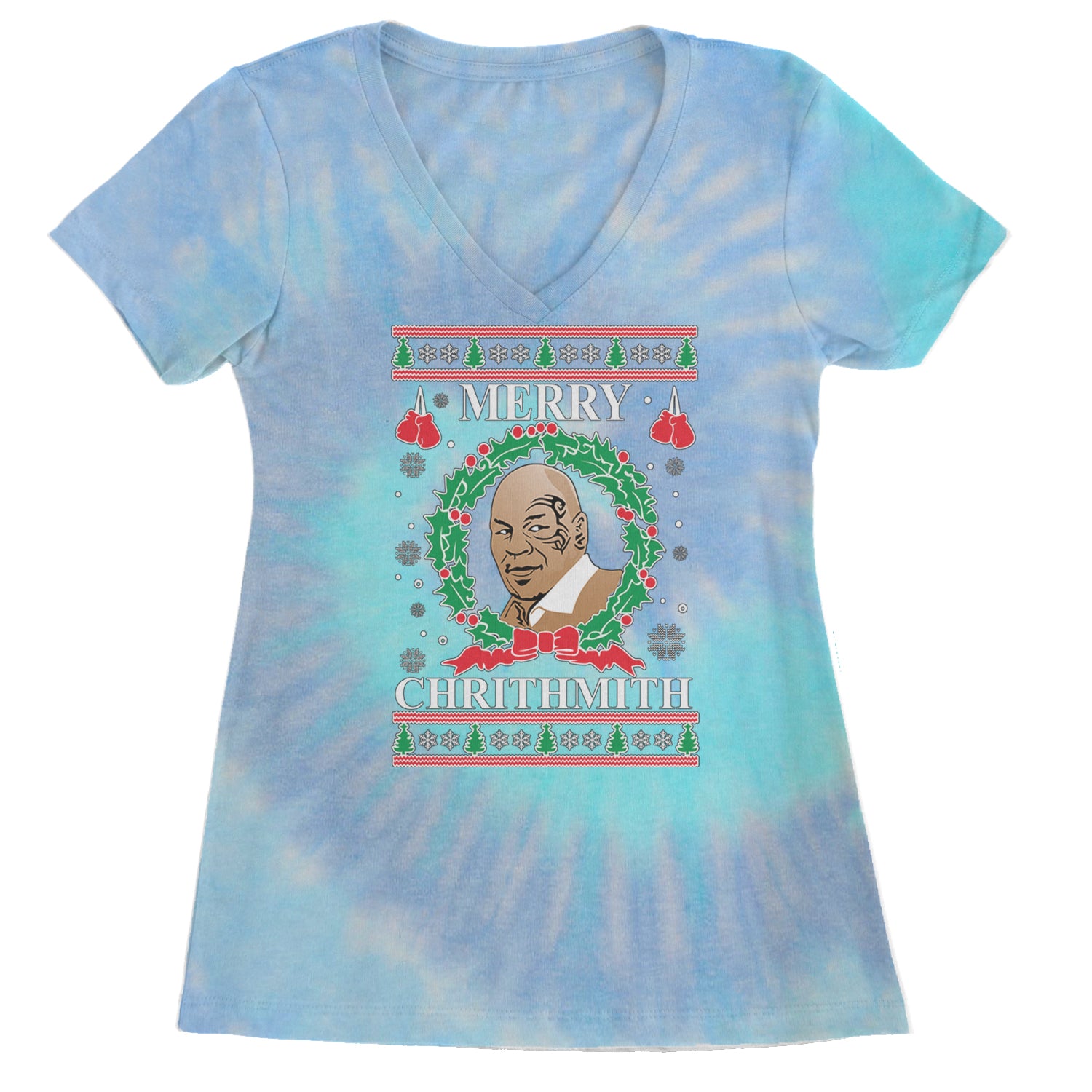 Merry Chrithmith Ugly Christmas Ladies V-Neck T-shirt Blue Clouds