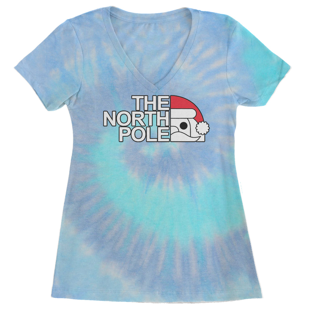The North Pole Santa Face Ladies V-Neck T-shirt Blue Clouds
