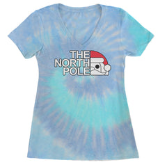 The North Pole Santa Face Ladies V-Neck T-shirt Blue Clouds