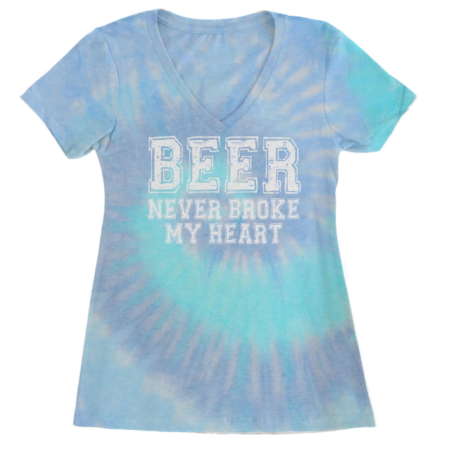 Beer Never Broke My Heart Funny Drinking Ladies V-Neck T-shirt Blue Clouds