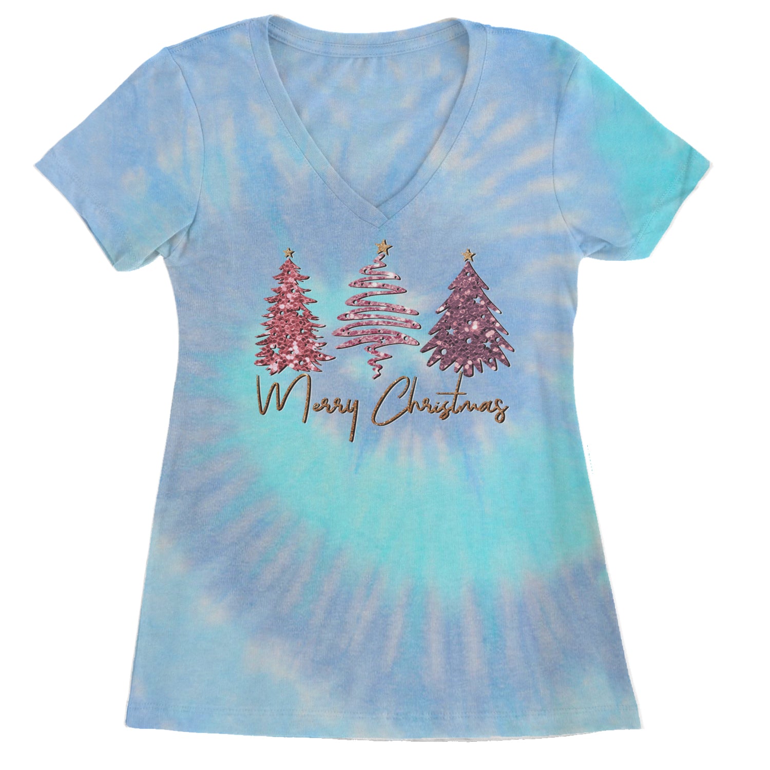 Merry Christmas Faux Glitter Trees Ladies V-Neck T-shirt Blue Clouds