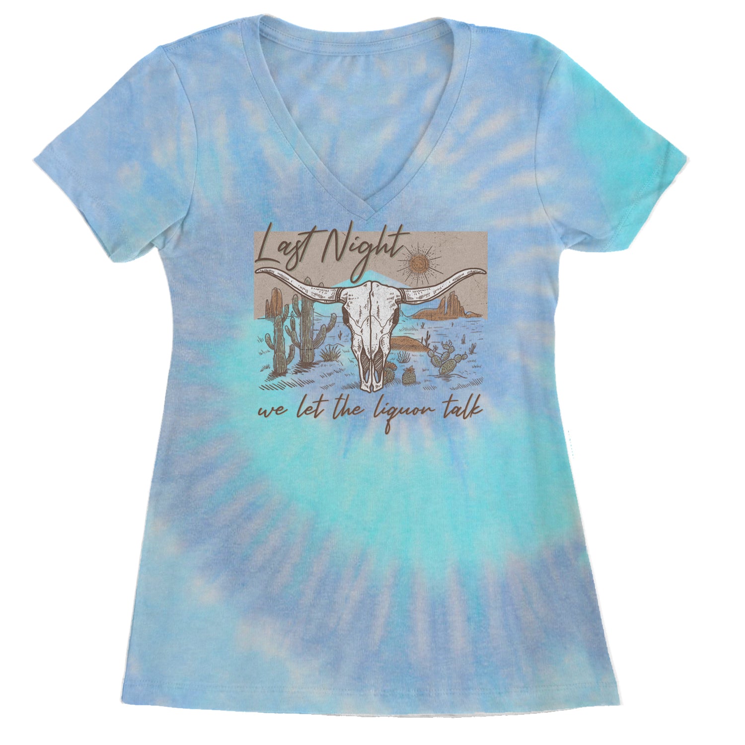 Last Night We Let The Liquor Talk Country Music Western Ladies V-Neck T-shirt Blue Clouds