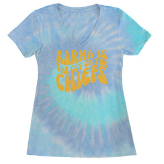 Karma Is The Guy On The Chiefs Boyfriend Ladies V-Neck T-shirt Blue Clouds