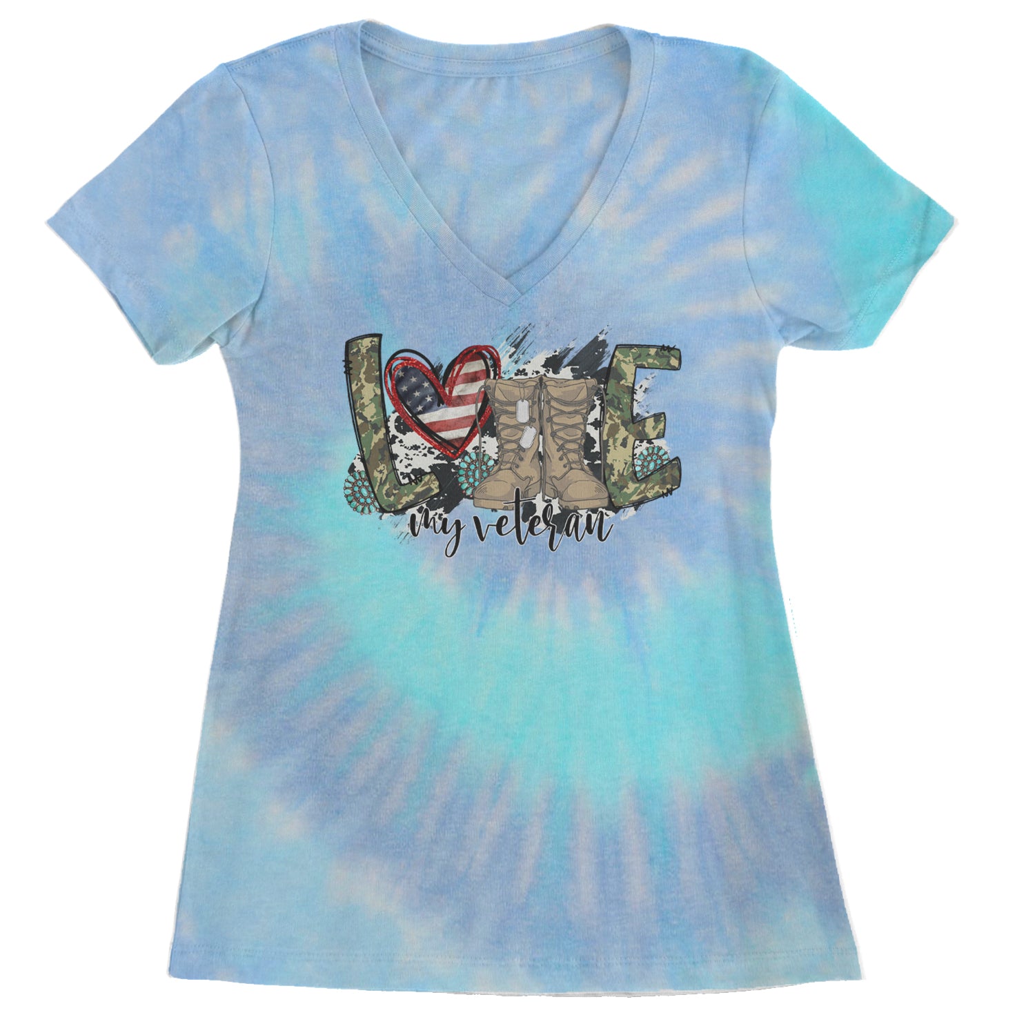 Love My Veteran Honor Veterans Day Ladies V-Neck T-shirt Blue Clouds