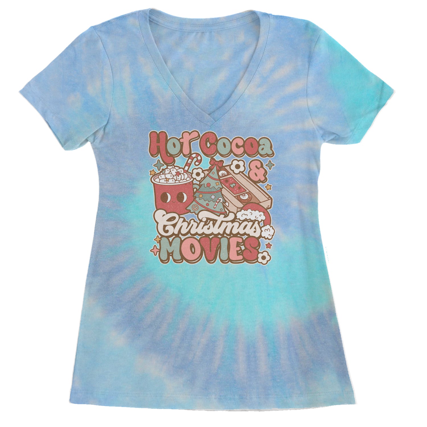 Hot Cocoa And Christmas Movies Holiday Ladies V-Neck T-shirt Blue Clouds