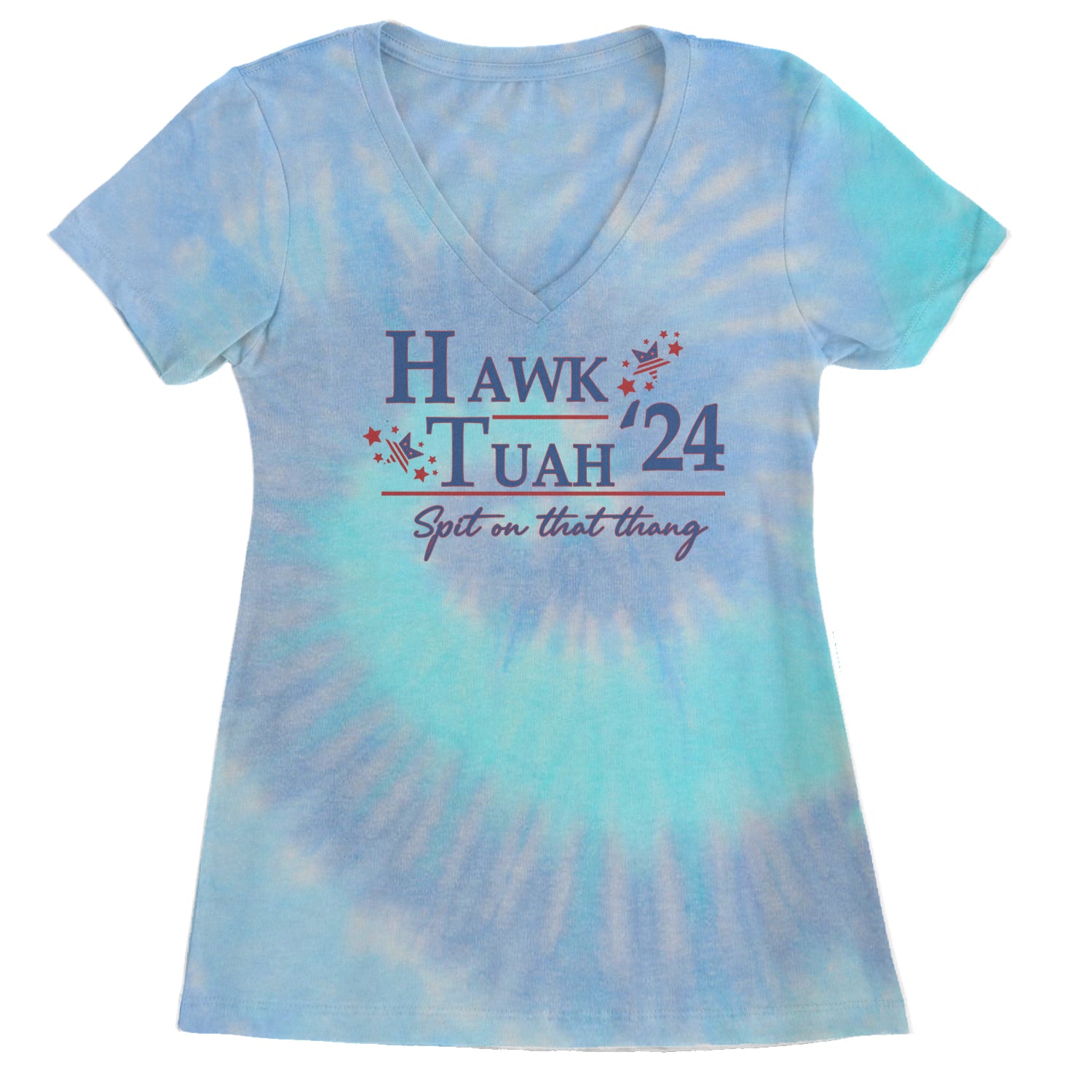 Vote For Hawk Tuah Spit On That Thang 2024 Ladies V-Neck T-shirt Blue Clouds