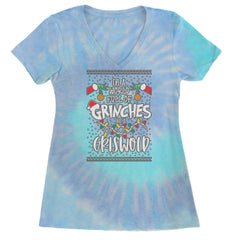 In A World Full Of Grinches, Be A Griswold Ladies V-Neck T-shirt Blue Clouds