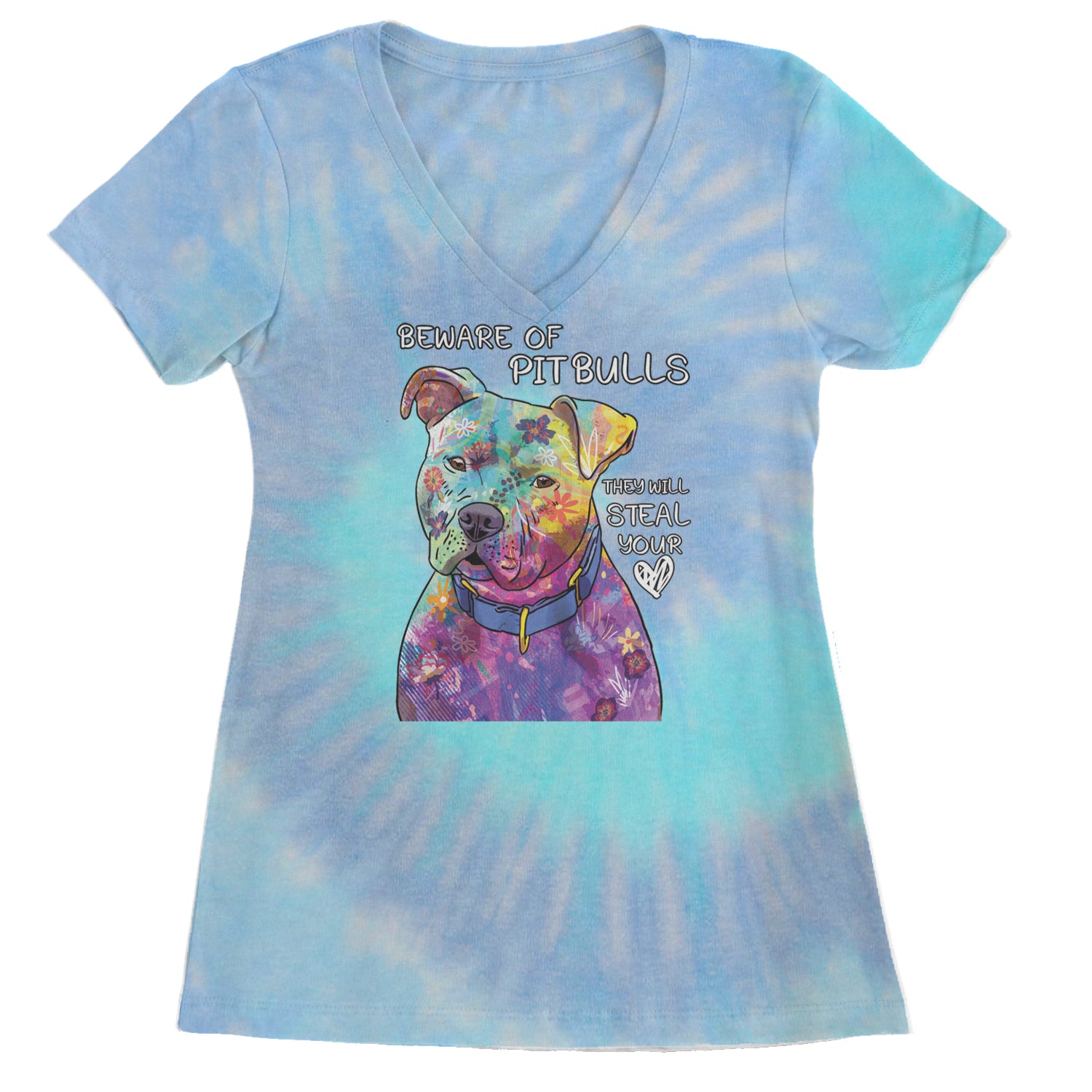 Beware Of Pit Bulls, They Will Steal Your Heart  Ladies V-Neck T-shirt Blue Clouds