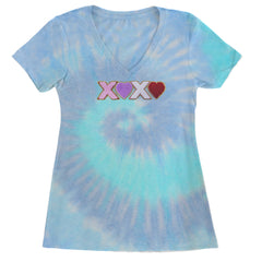 XOXO Chenille Patch Valentines Days Ladies V-Neck T-shirt Blue Clouds