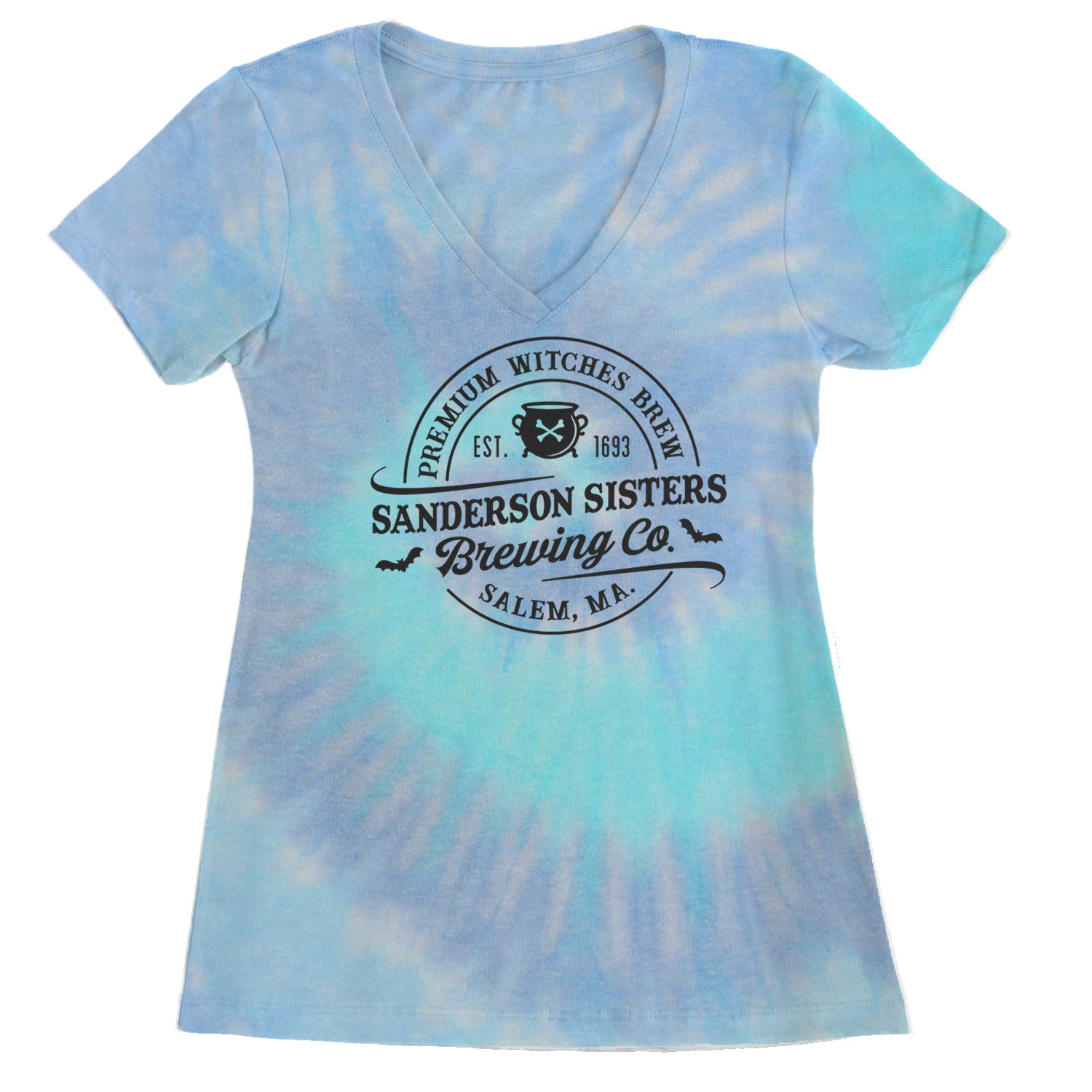 Sanderson Sisters Brewing Company Witches Brew Ladies V-Neck T-shirt Blue Clouds