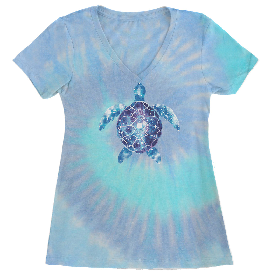 Ocean Aura Tie-Dye Sea Turtle Ladies V-Neck T-shirt Blue Clouds