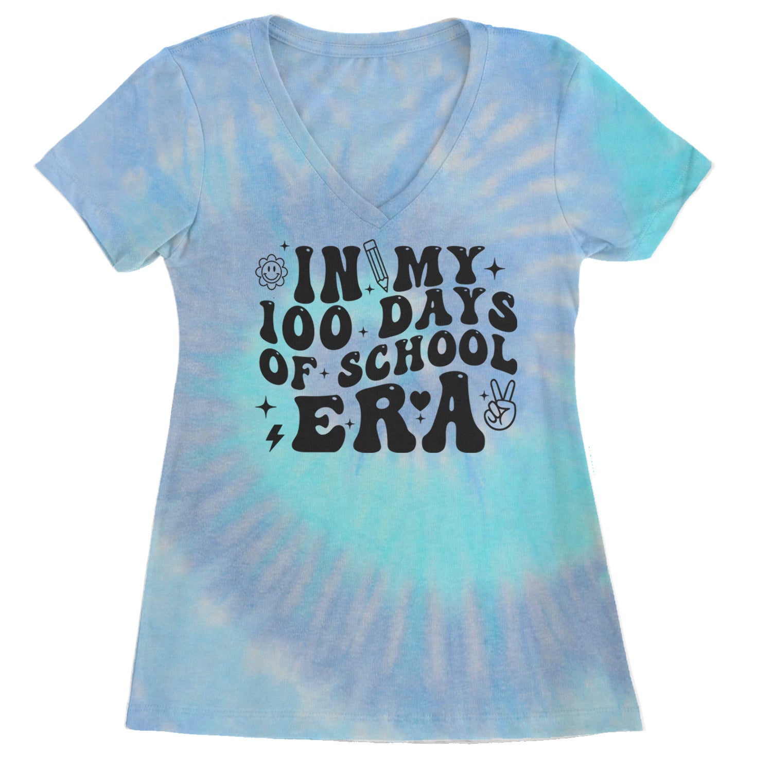 In My 100 Days Of School Era Ladies V-Neck T-shirt Blue Clouds