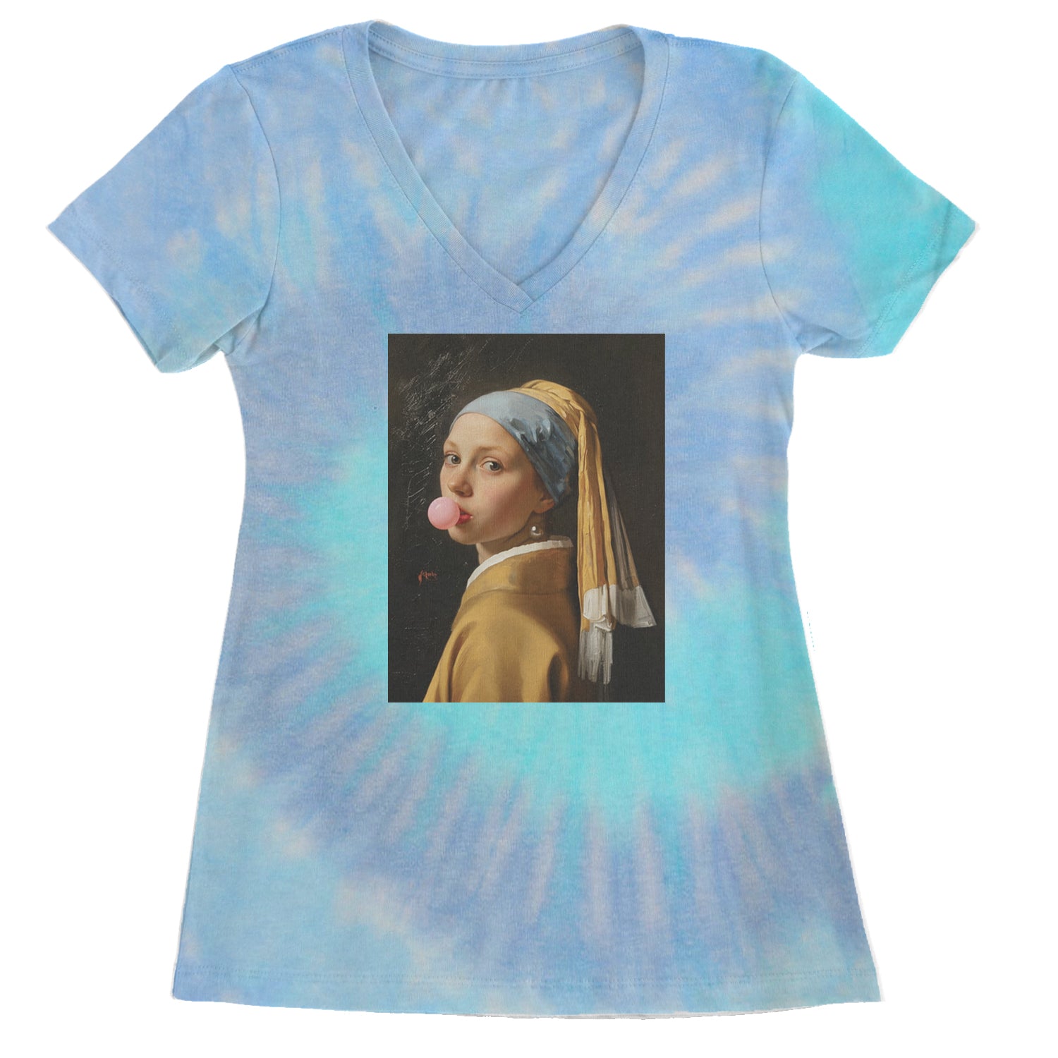 Girl with a Pearl Earring Bubble Gum Contemporary Art Ladies V-Neck T-shirt Blue Clouds