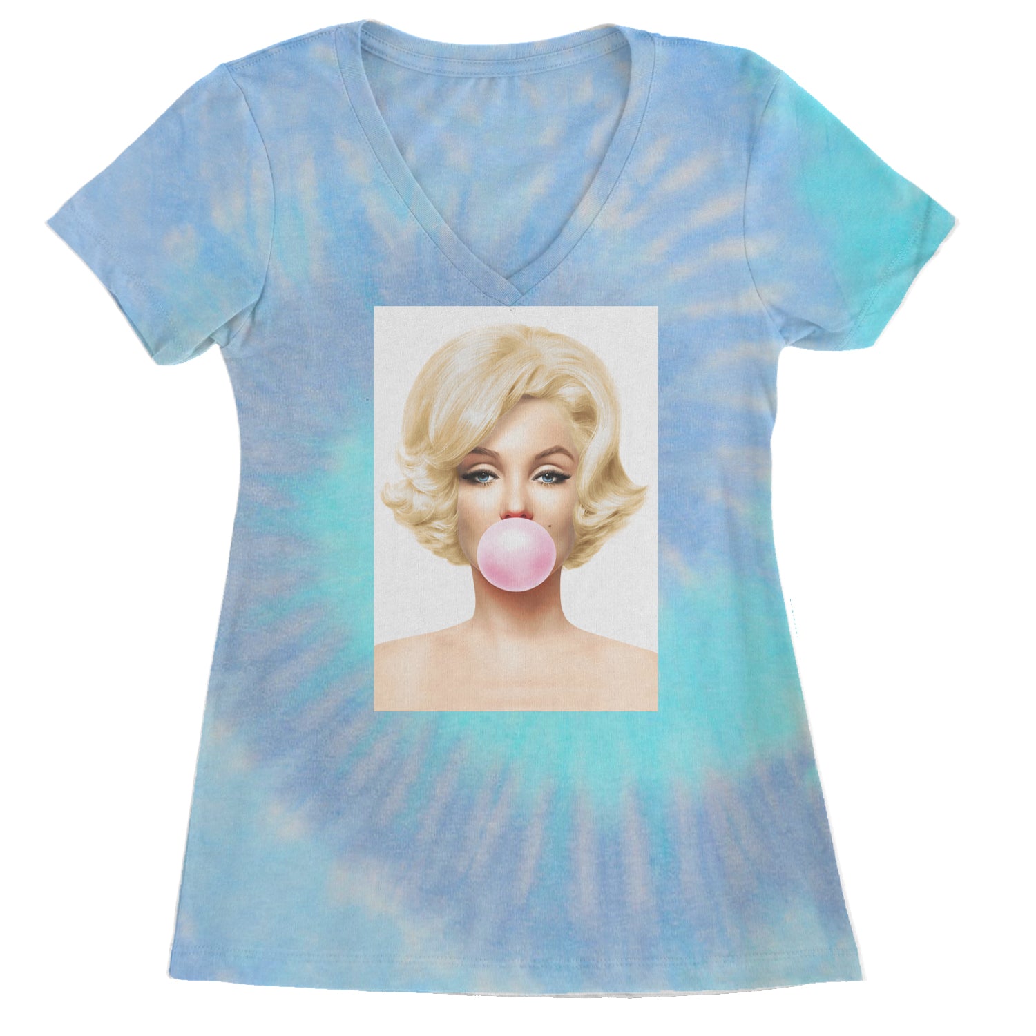 Ms. Monroe Pink Bubble Gum American Icon Ladies V-Neck T-shirt Blue Clouds