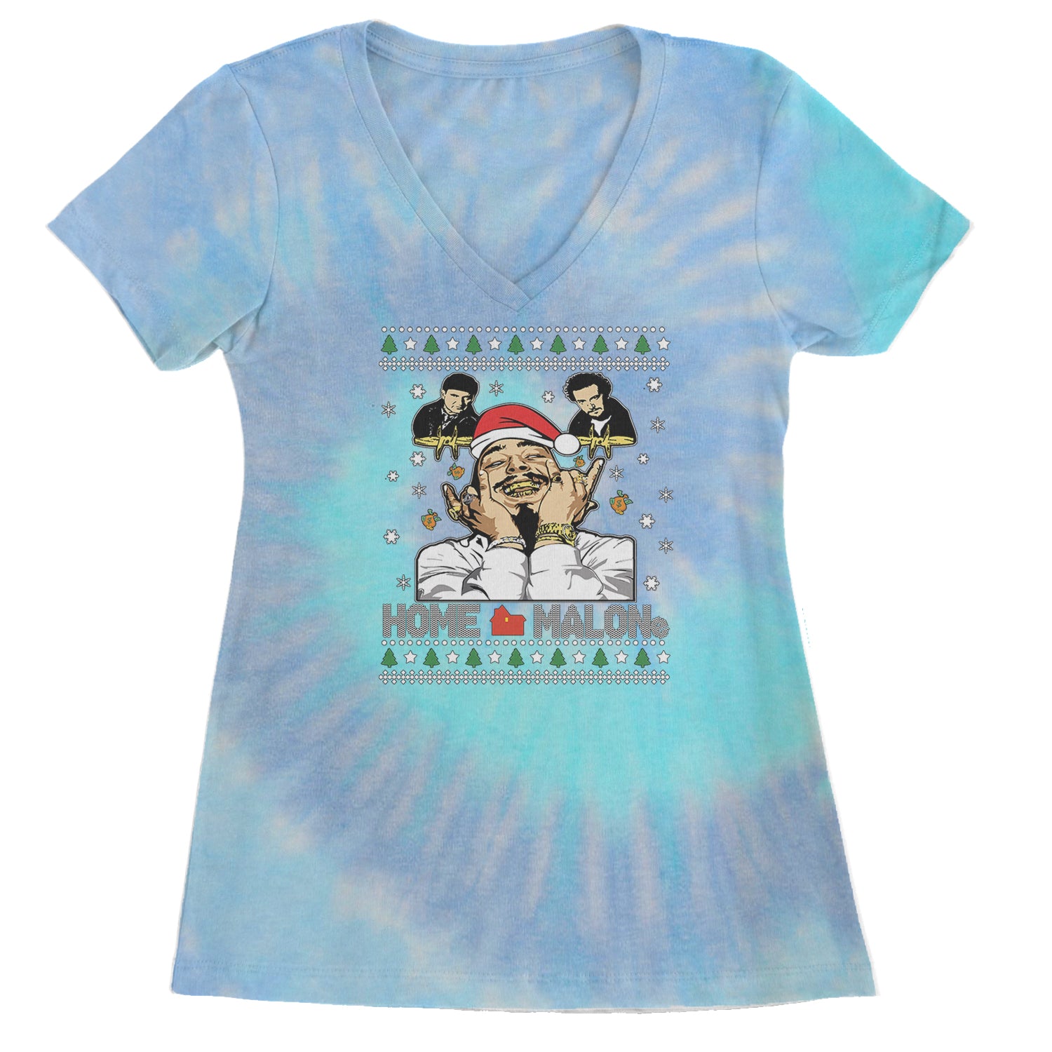 Home Malone Ugly Christmas Ladies V-Neck T-shirt Blue Clouds