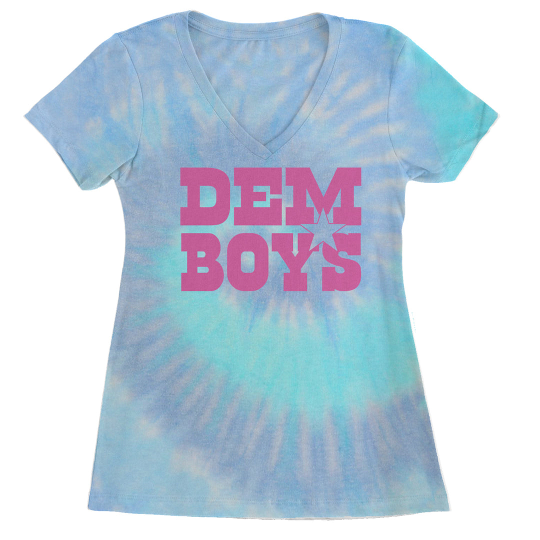 Dem Boys Hot Pink Dallas  Ladies V-Neck T-shirt Blue Clouds