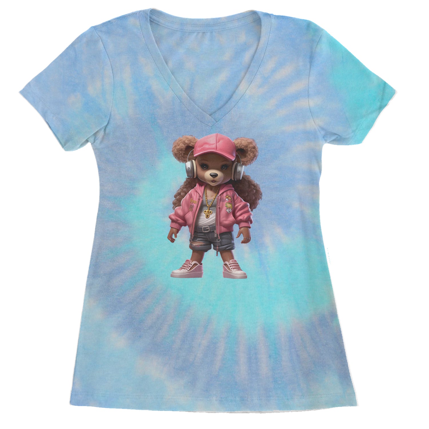 Pink Female Urban Graffiti Bear Ladies V-Neck T-shirt Blue Clouds