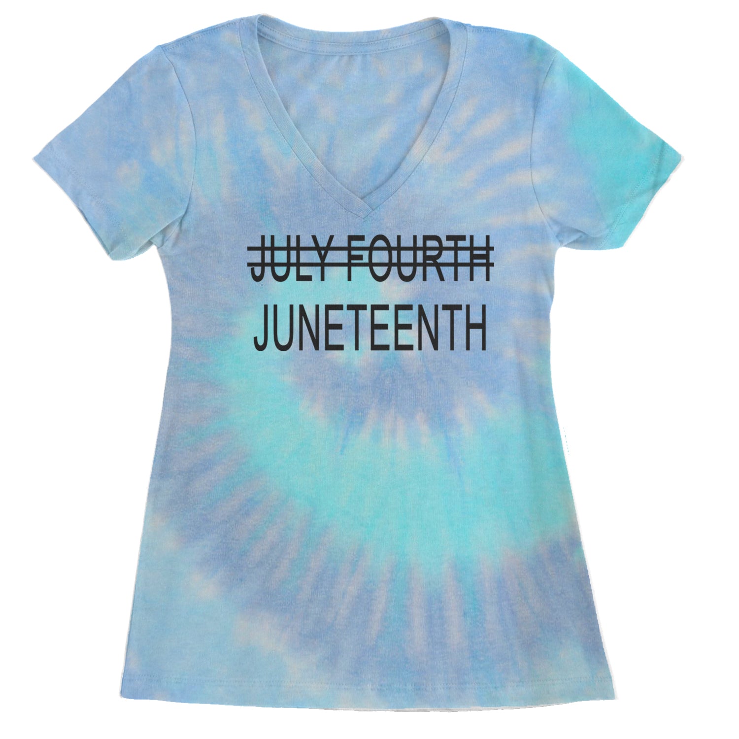 Juneteenth (July Fourth Crossed Out) Jubilee Ladies V-Neck T-shirt Blue Clouds