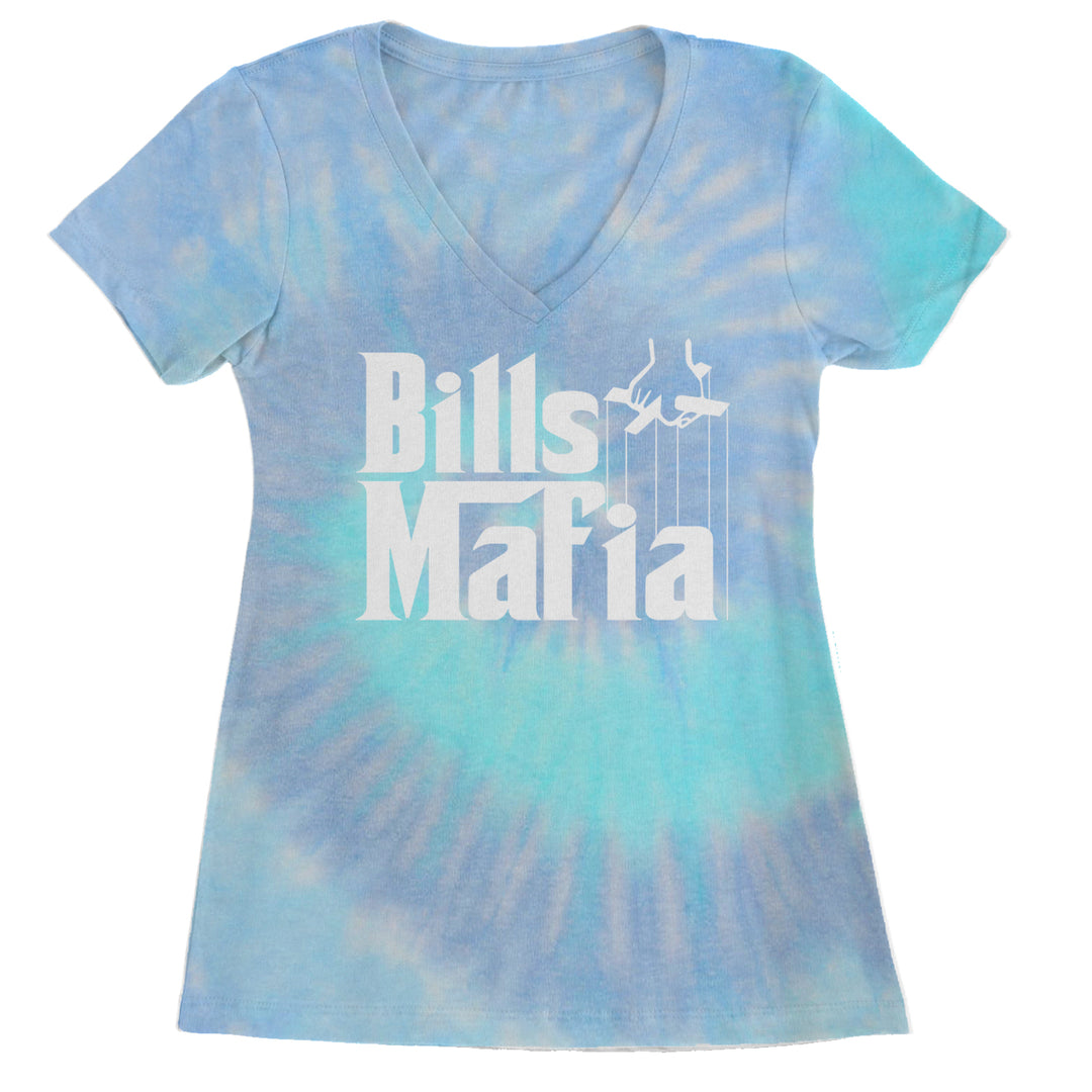 Women's Lightweight V-Neck T-Shirt with bold "Bills Mafia" lettering and puppet-hand strings parody graphic