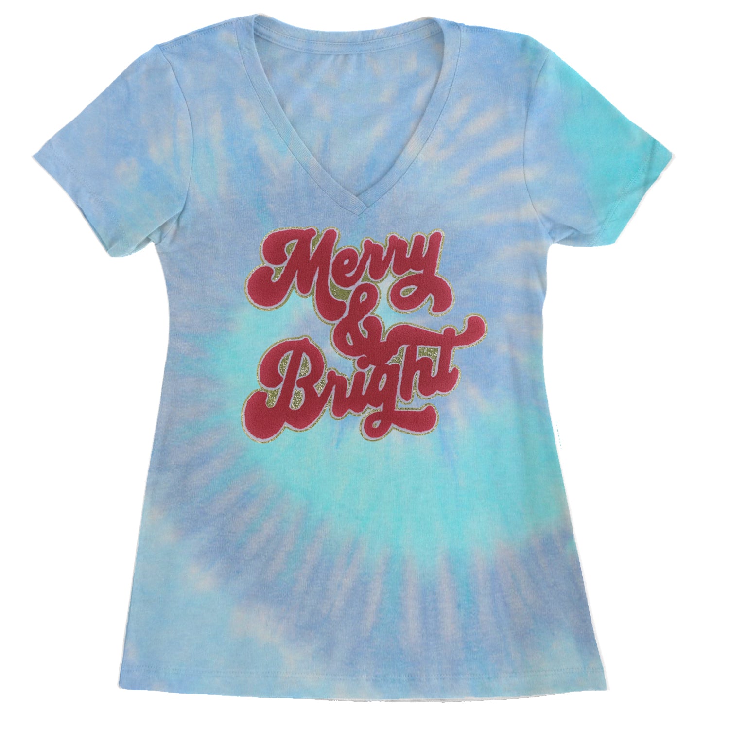 Merry & Bright Chenille Glitter Ladies V-Neck T-shirt Blue Clouds