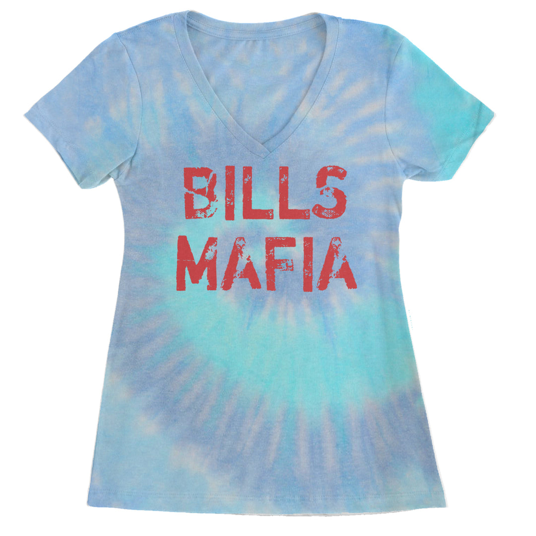 Distressed Bills Mafia Football Ladies V-Neck T-shirt Blue Clouds
